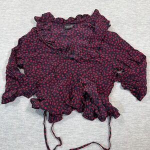 Topshop Blouse Women 6 Black Red Ruffle Wrap Long Sleeve Lip Print‎ Top